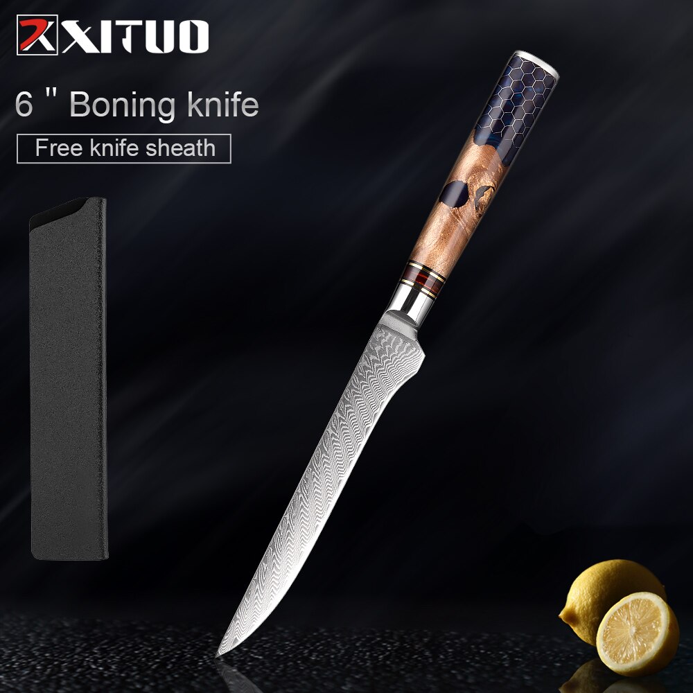 XITUO-Juego de cuchillos de cocina de acero damasco, 67 capas, afilados, duraderos, cuchillo de corte multifuncional, mango de panal de resina azul: 6 inch Boning knife