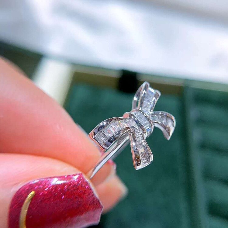 Neue Bogen Knoten Silber Farbe Ohrring Halskette Ring einstellen Bling Zirkon Stein Braut Schmuck Damen Partei Schmuck setzt