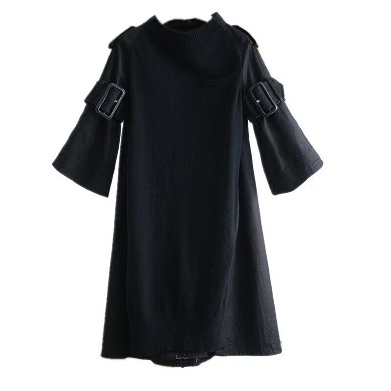 CHICEVER Lente Gebreide Vrouwen Jurk Met Riem Flare Mouw Losse Grote Size Terug Split Zwarte Jurken Vrouwelijke Kleding Mode