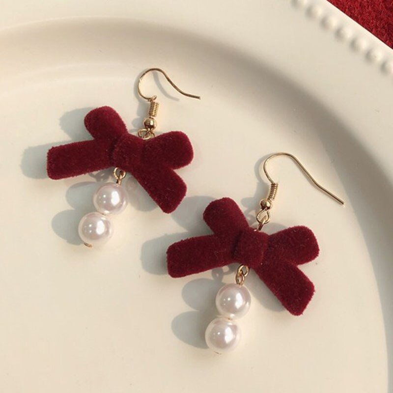 Boucles d&#39;oreilles en forme de cloche pour femmes, bijoux à nœud rouge, en forme de cœur, perle, boule, tendance, fête de mariage, noël, pour filles: Red Earrings 6