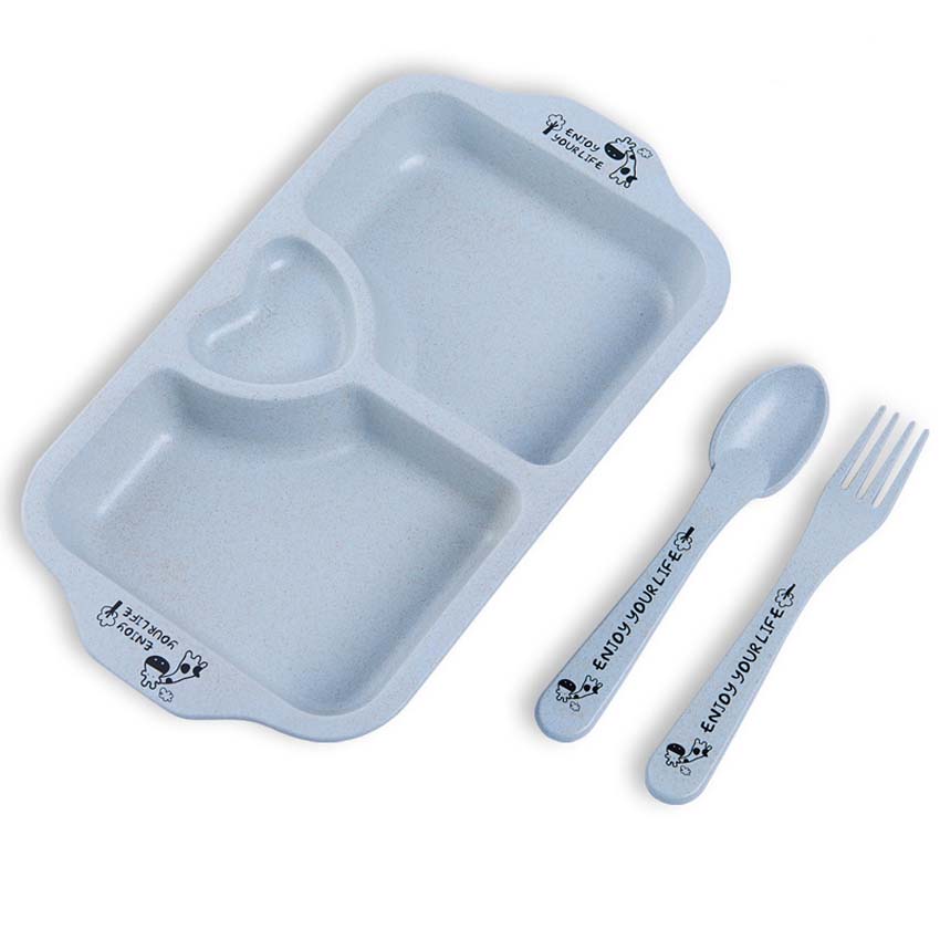 Cartoon Baby Dishes Wheat Fiber Sub-grid Plates Irregular Children Tableware For Infant Toddler Kids Feeding Utensils: Blue Heart 3Grid Set