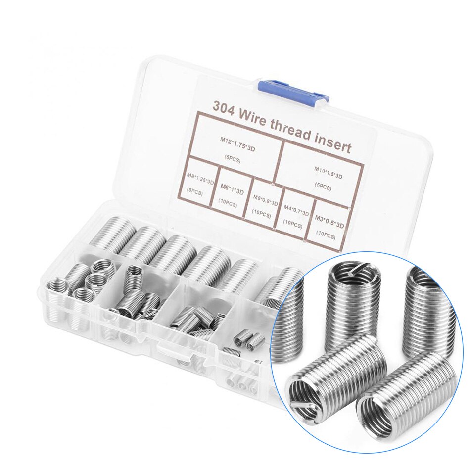 55Pcs M3-M12 Helicoil Thread Sleeve SS304 Stainless Steel Classification Sleeve Set Fastener Rivet Nut Repair Insert Kit