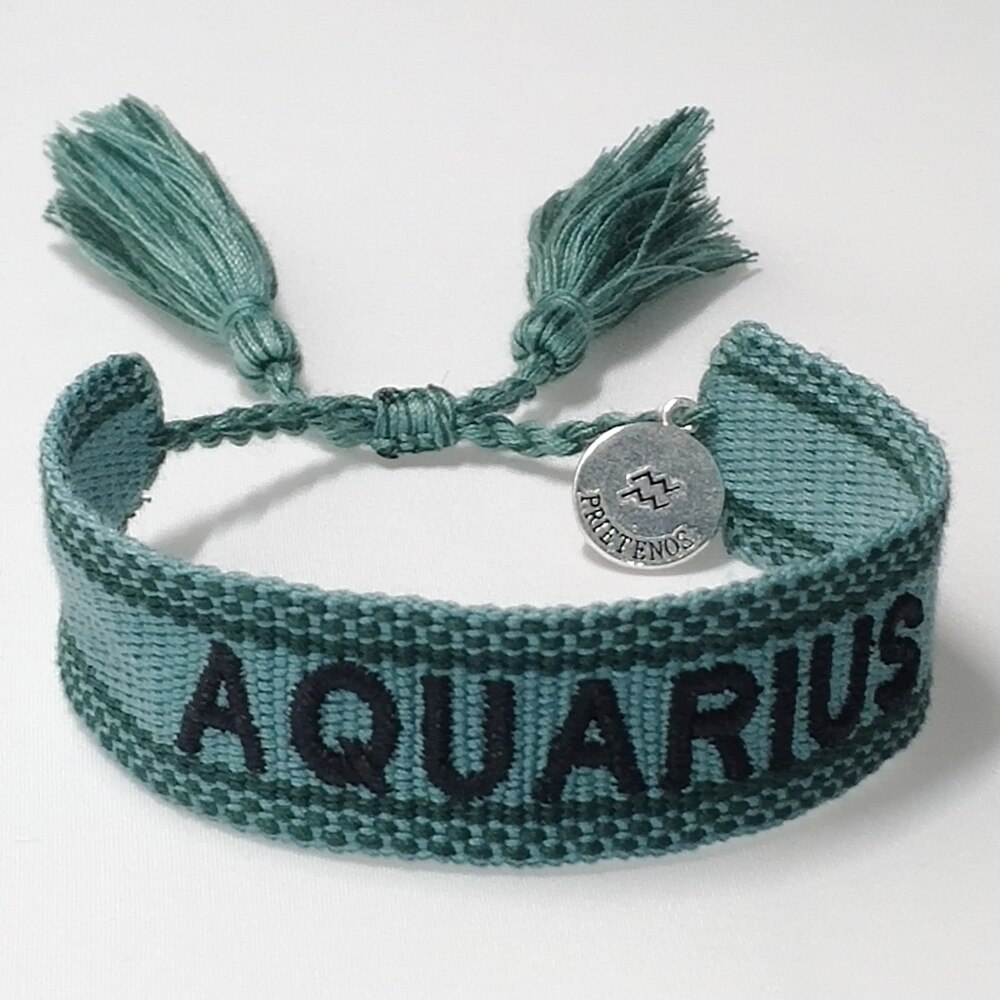 Bracelet tressé en coton, en tissu brodé à la main avec glands, taille réglable: AQUARIUS