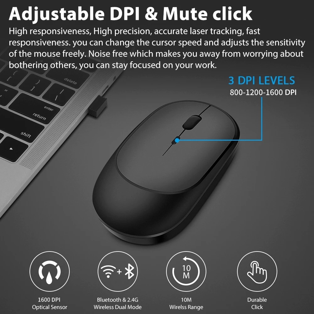 Bluetooth Mouse 2.4G Wireless Rechargeable Mouse Gaming Computer Charing Thin Portable 3 Adjustable DPI Mause for Mac iPad PC