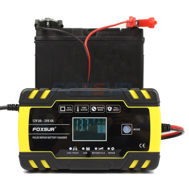 Foxsur 12v 24v motorsykkel golfbil batterilader vedlikeholder og desulfator smart batterilader, pulsreparasjon batterilader
