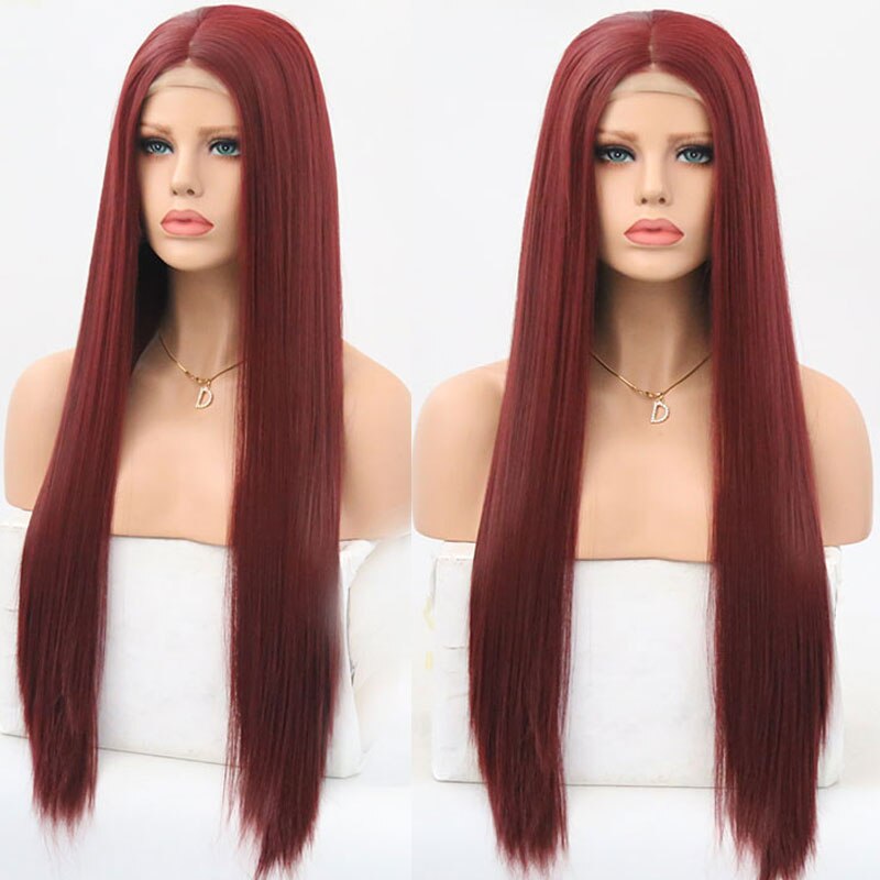 "bomba" wino burgundzkie czerwone proste syntetyczna koronka peruka przód włókno termoodporne naturalną linią włosów środkowa część dla kobiet peruki