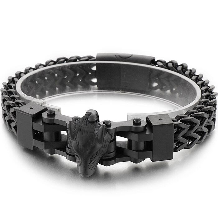 Edelstahl männer Armbänder Mit Wolf Köpfe 12MM Doppel Schicht Franco Link Curb Kette Armband Männer Punk Schmuck mit Tasche: Black
