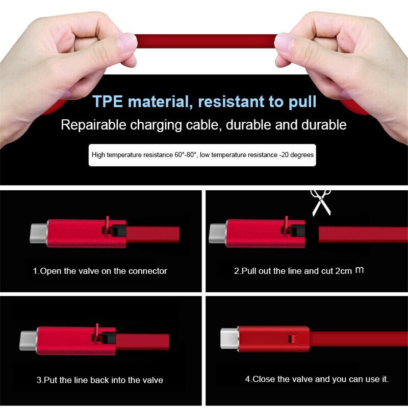 1.5M Herstelbaar Oplaadkabel Snijden Snel Reparatie Laadkabel Voor Android Type C Mobiele Telefoon Snelle Usb Opladen Hernieuwbare