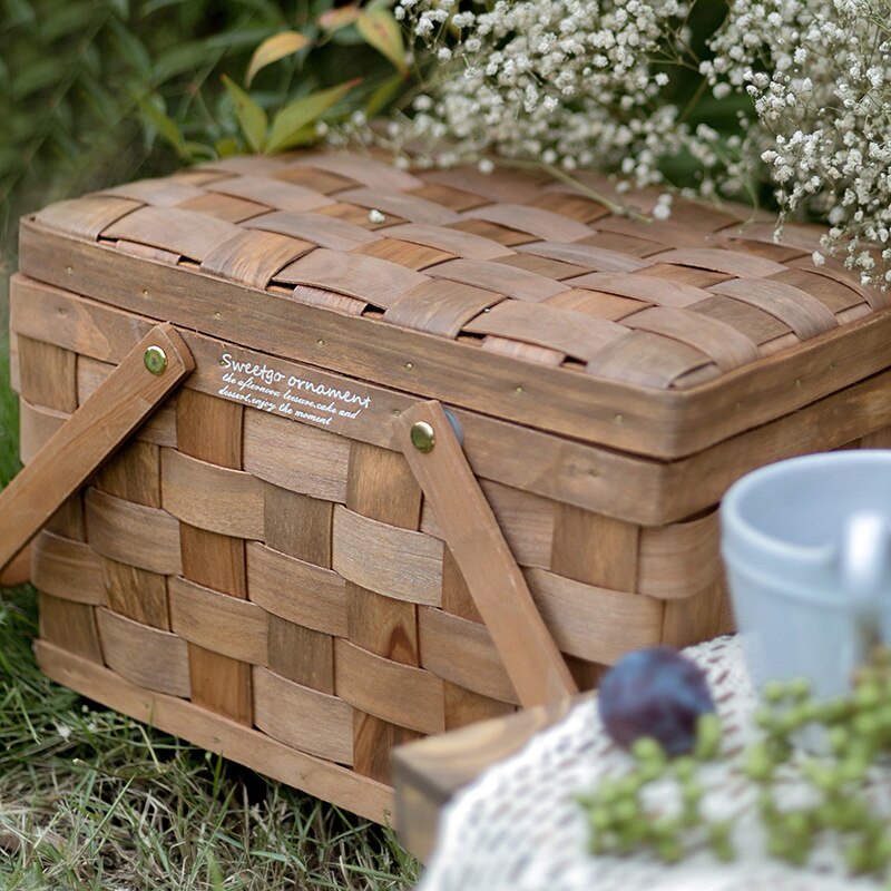 Cutelife hushållsvävt trä picknickkorg naturliga kläder leksaksförvaringskorg trädgård blomma frukt brödpåse korg dekoration