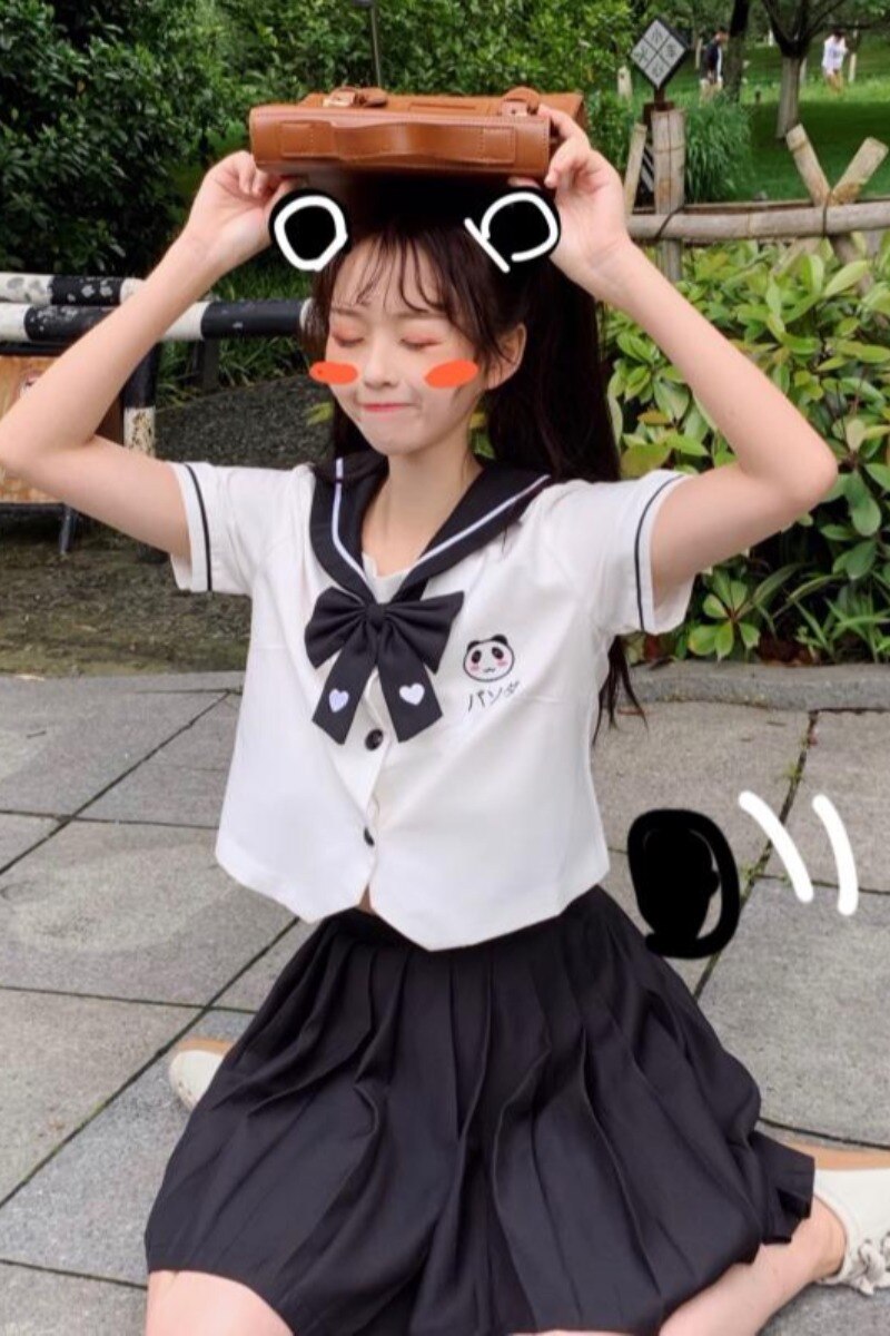 Japanese JK Uniforms College Cute Panda Embroidery Short-Sleeved Tops Pleated Skirt Suit Female Summer school girl uniform