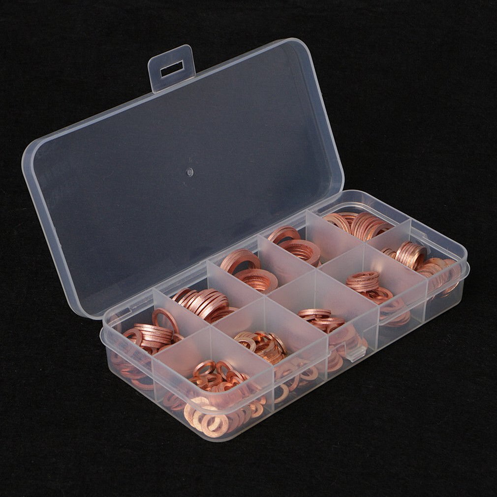 200Pcs Copper Washer Gasket Nut and Bolt Set Flat Ring Seal Assortment Kit With Box M5/M6/M8/M10/M12/M14 for Sump Plugs Water