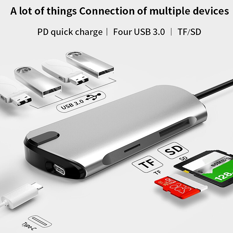 7 in 1 USB C Hub/Tipo C Dati Hub Con 7-Port 4 USB 3.0 + TF + SD + Tipo C PD Porte Smart Hub
