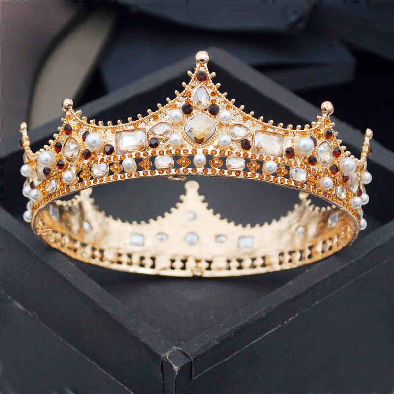 Baroque Royal King Diadem Men Crystal Pearls Metal Tiaras Wedding Crown Hair Jewelry Big Head Ornaments Prom Party Accessories: Gold Yellow