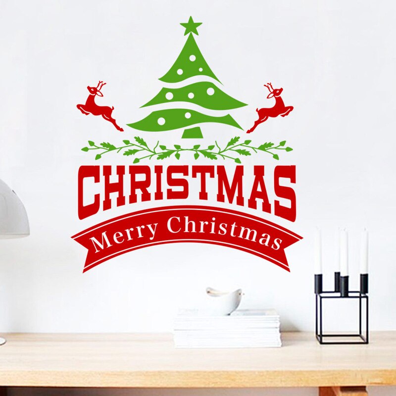 Merry christmas tree wallsticker jul elgfestival dekorasjon stue boliginnredning vindusglassdør år klistremerker