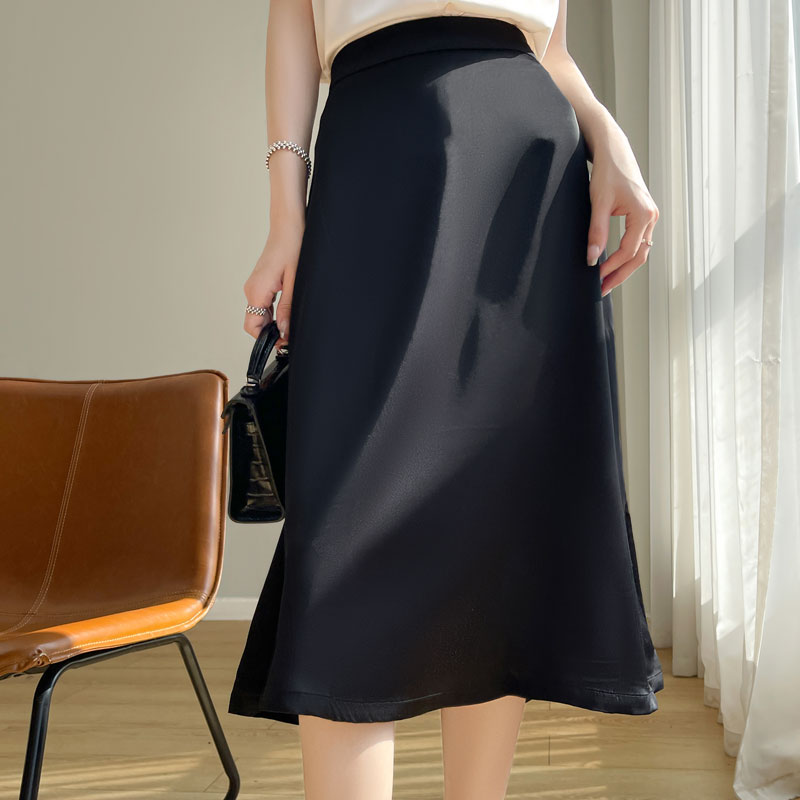Acetic Satin High Sense Skirt Women's A-Shaped Mid-Length Skirt In Spring And Summer High Waist And Slim Umbrella Skirt: L / black