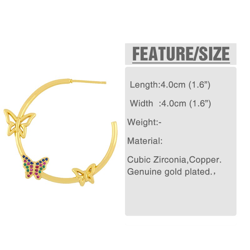 FLOLA Multicolor Butterfly Hoop Earrings For Women Enamel Big Hoop Earrings Crystal Cubic Zirconia Gold Filled Jewelry ersv26