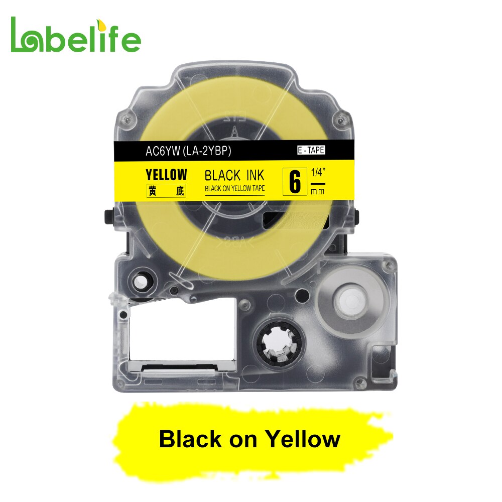 Labelife  sc6yw til epson labelworks label maker standard tape patron sort på gul kassette lc -2 ybw 6mm x 8m (1/4 x 26 ")