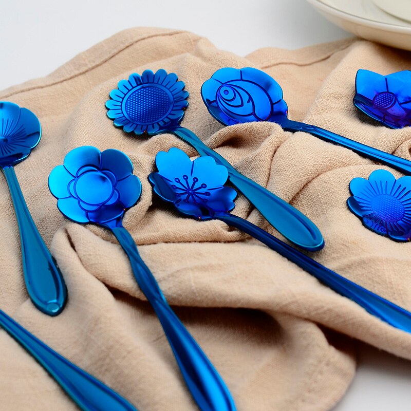 8 Pcs Of Flower Petals Stainless Steel Spoon Teaspoon Various Flower-shaped Dessert Coffee Kitchen Accessory Tool