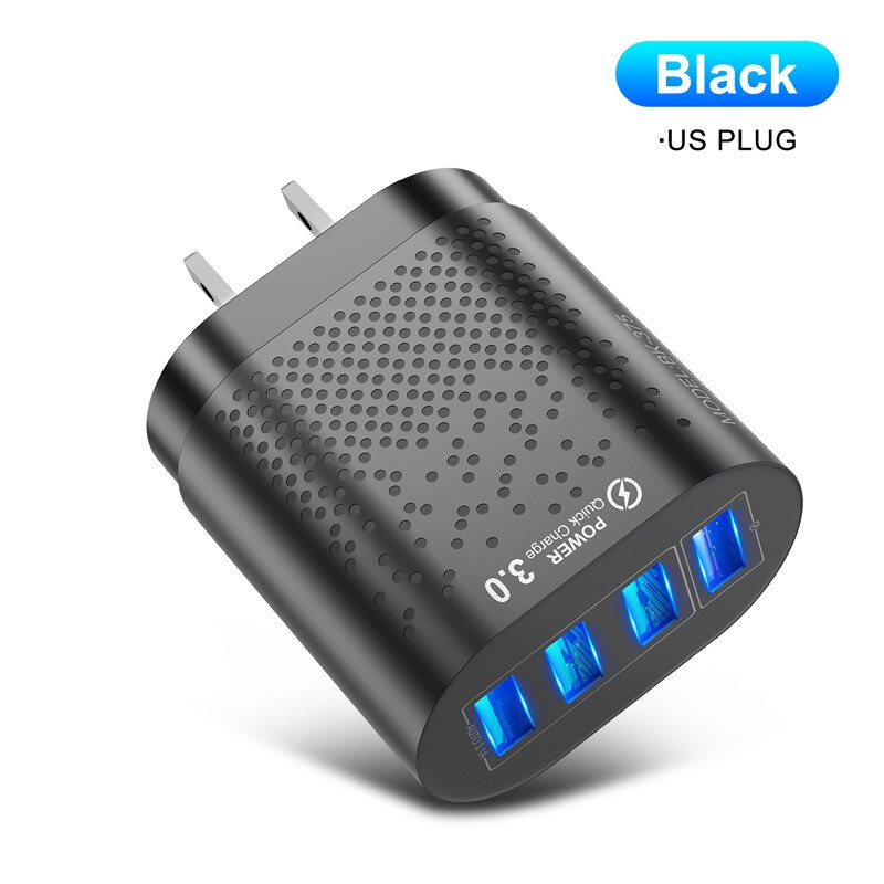 KSTUCNE 48W 4 Ports LED Quick Charge 3.0 USB Charger Fast Charging Wall Charger Adapter For Samsung Xiaomi Mobile Phone Charger: US Plug Black