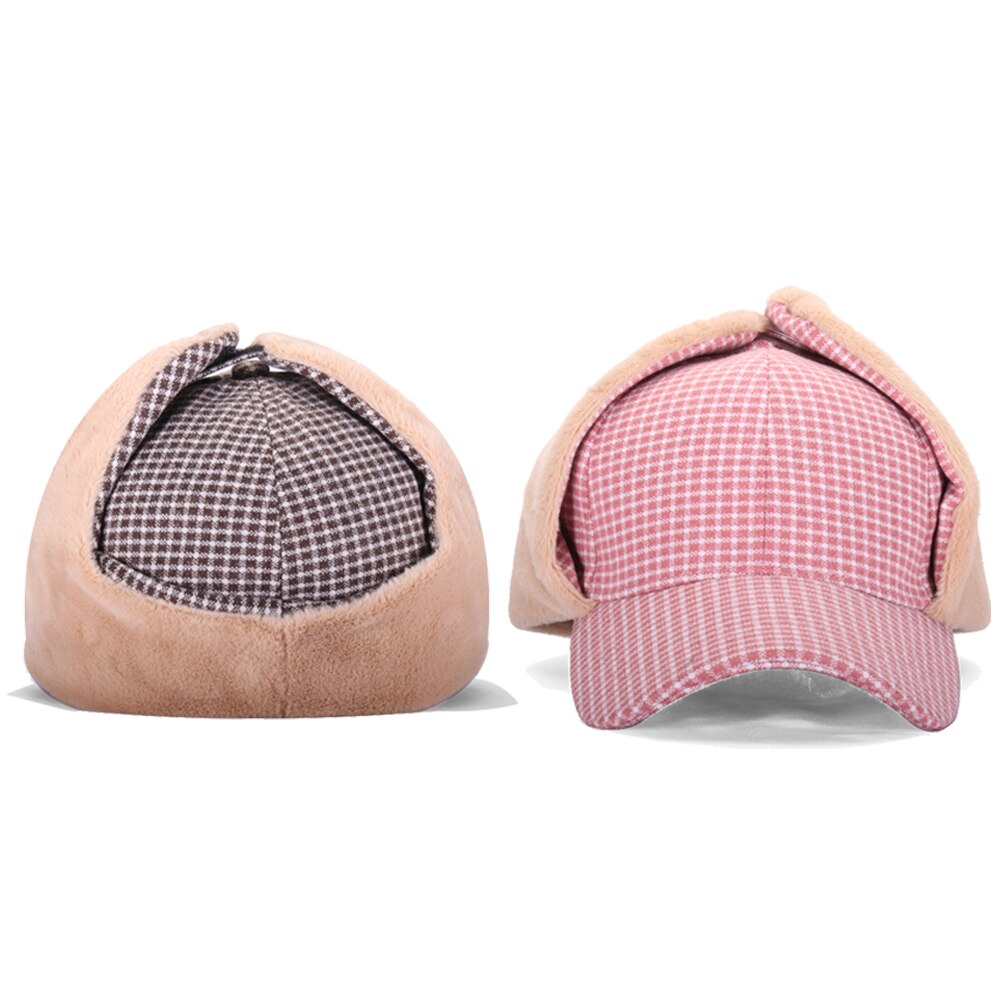 Sombrero de invierno con orejas para mujer, gorra de béisbol femenina, más terciopelo, actividad al aire libre, Retro, a cuadros, accesorios para mujer, lana, HatBQM211