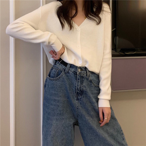 Neploe løs skør stil enkelt bryst sweater cardiagns kvindelig v-hals langærmet strikket jumper pull femme frakke solid løs 48010: Hvid