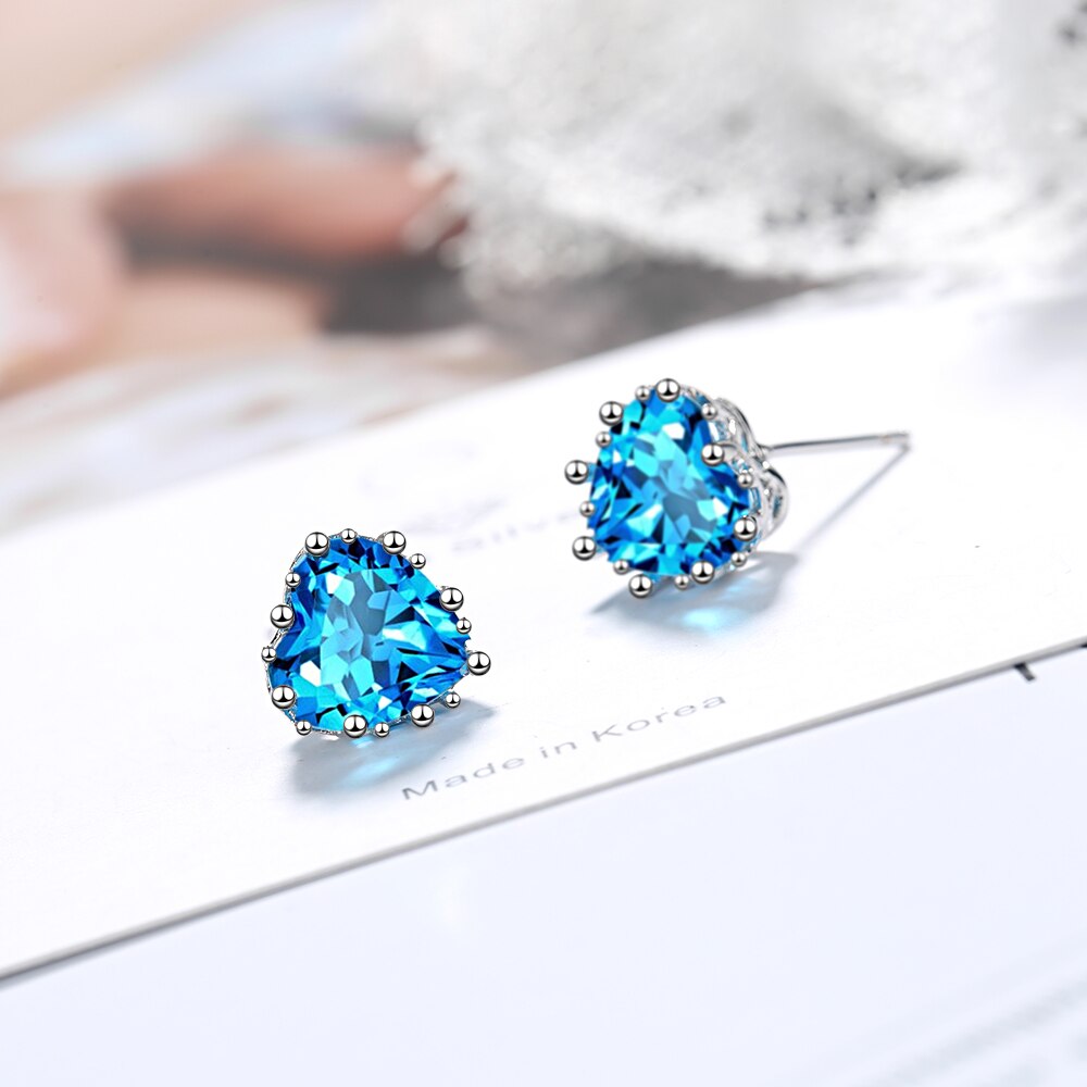 925 Sterling Zilver Liefde Hart Oorbel Luxe Vrouwelijke Crystal Blue Zircon Stud Oorbellen Voor Vrouwen Wedding Party S-E1039