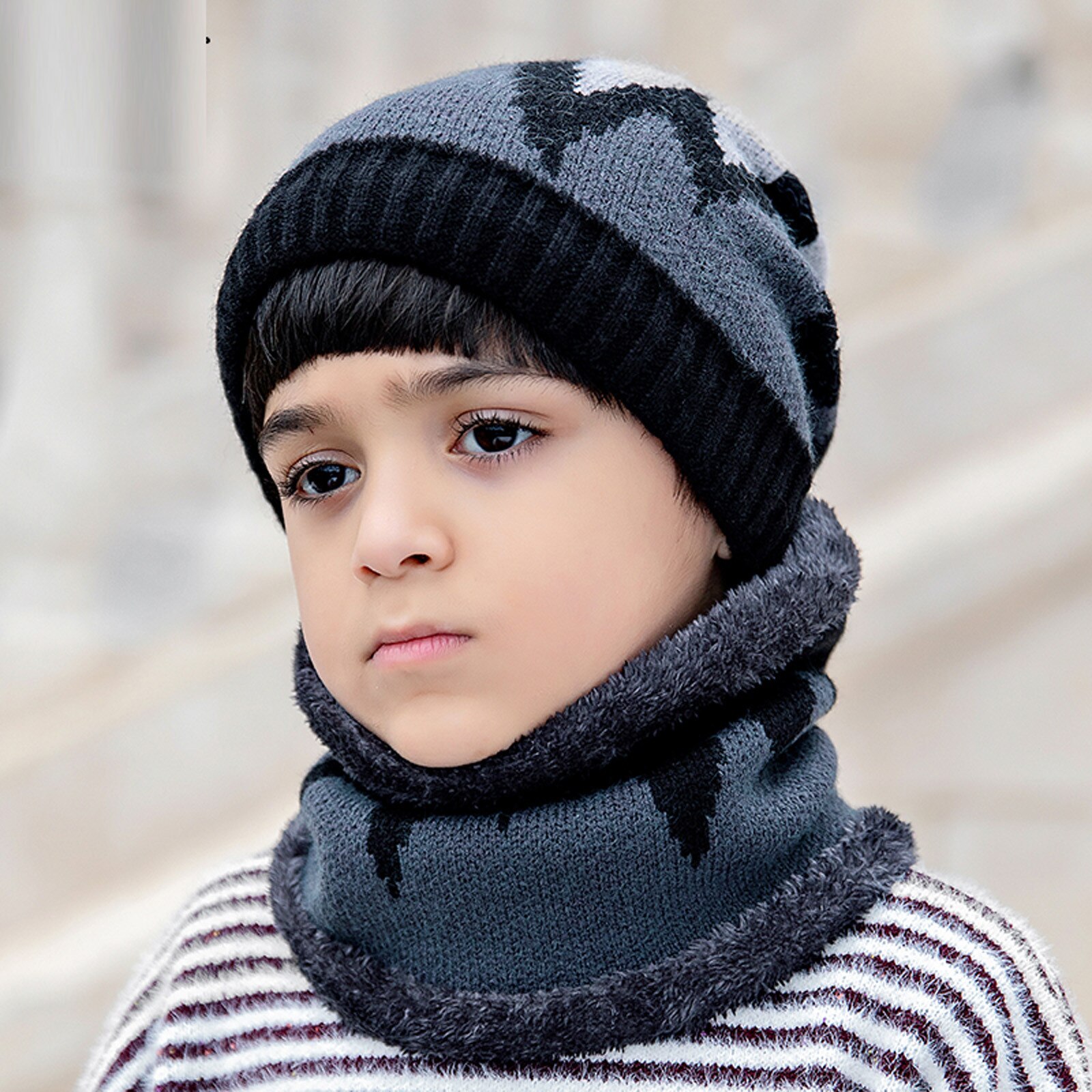 Warm Beanies Hat For Girl Ring Scarf Pompoms Winter Hats Knitted Caps Scarf 2 Pieces Winter Hat Scarf Set For child: Navy 