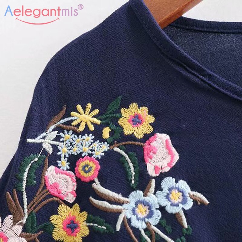 Aelegantmis camisa de gasa suelta azul marino mujeres Chic flor bordado blusas señora Casual manga larga Tops