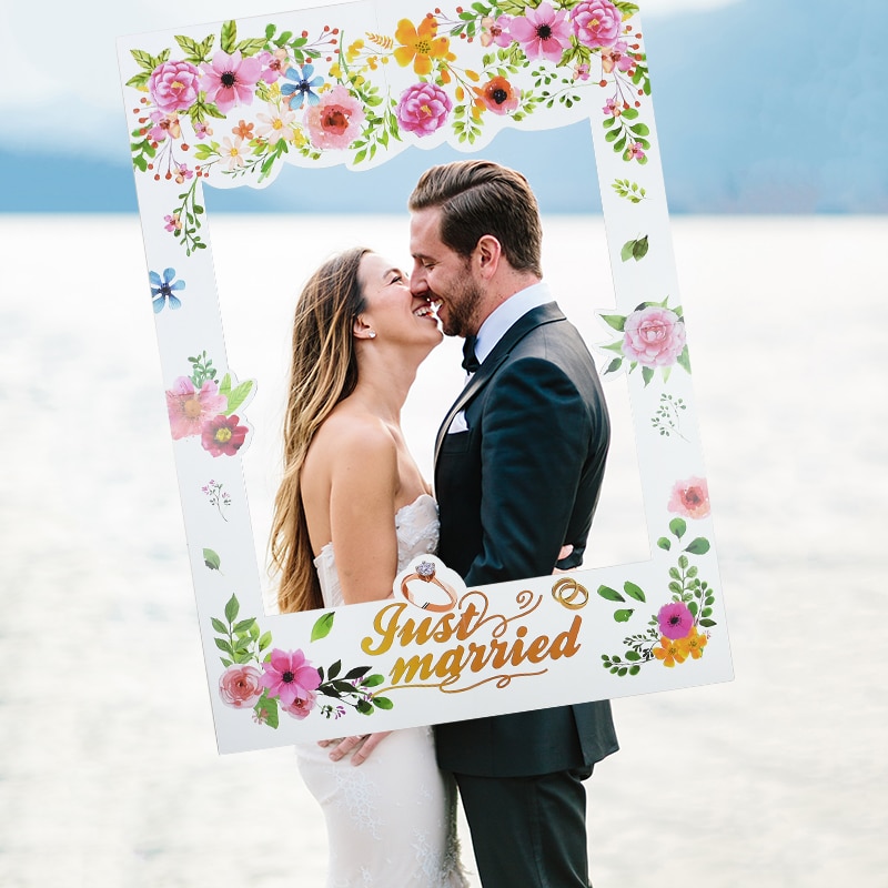 Lige gift bryllup fotoboks rekvisitter ramme bryllupsdag blomstermønster fotobooth baggrund brude brusebad festindretning forsyninger