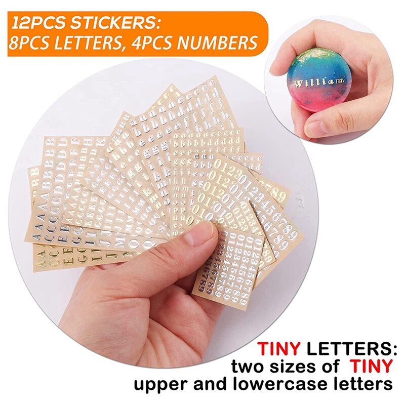 12 Sheets Letter Resin Stickers, Small Alphabet Number Stickers, Alloy, Self Adhesive, Gold and Silver, 3mm/4.5mm Tall