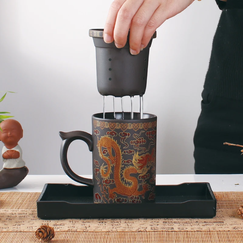 Retro Traditionele Chinese Draak Phenix Paarse Klei Thee Mok met Deksel Zetgroep Handgemaakte Yixing Zisha Thee Cup 300ml Theekopje Mok