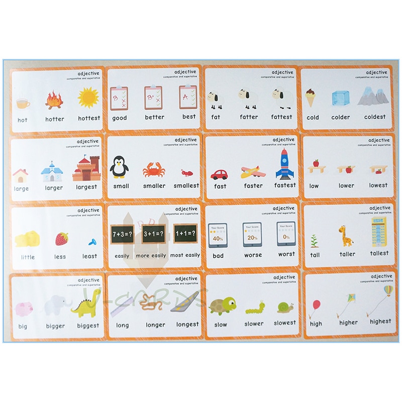 16 Groups 48 Words Comparative Adjective English Learning Cards for Preschool Children Early Educational Teaching Aids Word Card