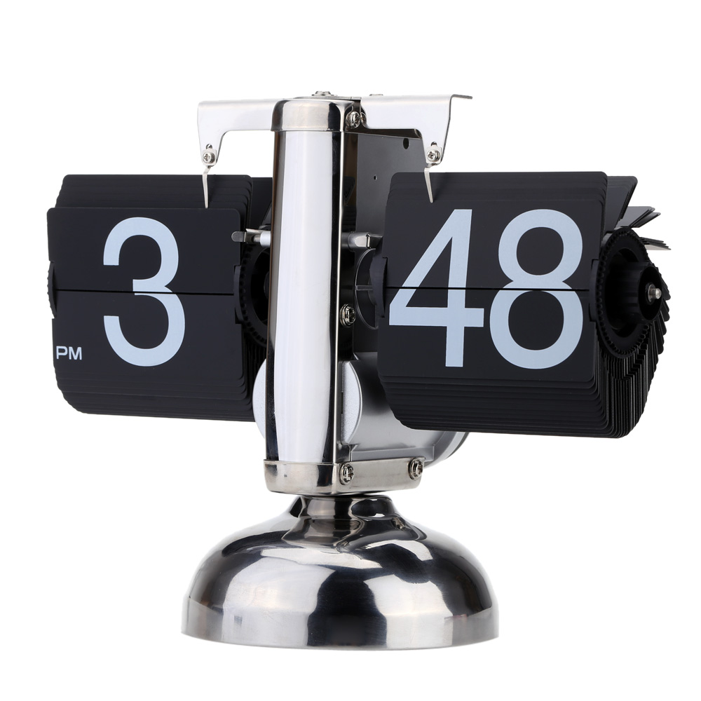 Small Scale Table Clock Retro Flip Over Clock Stainless Steel Flip Internal Gear Operated Quartz Clock Black/White