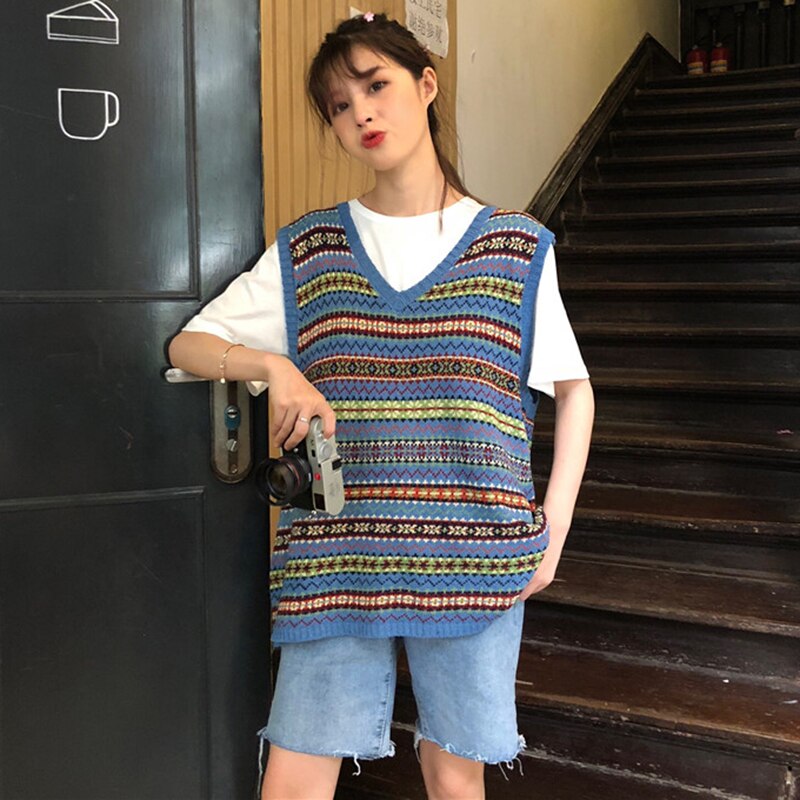 Neuleliivit sininen painettu klassinen perus neulepuserot löysät harajuku vintage trendikkäät naisten korealaistyyliset hihattomat