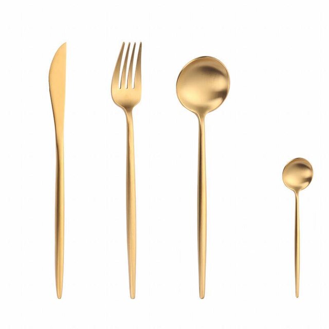 4 Pieces Gold Matte Cutlery Set Dinnerware Set Stainless Steel Green Flatware Set Tableware Knife Spoon Teaspoon Kitchen Set: Gold 4pcs