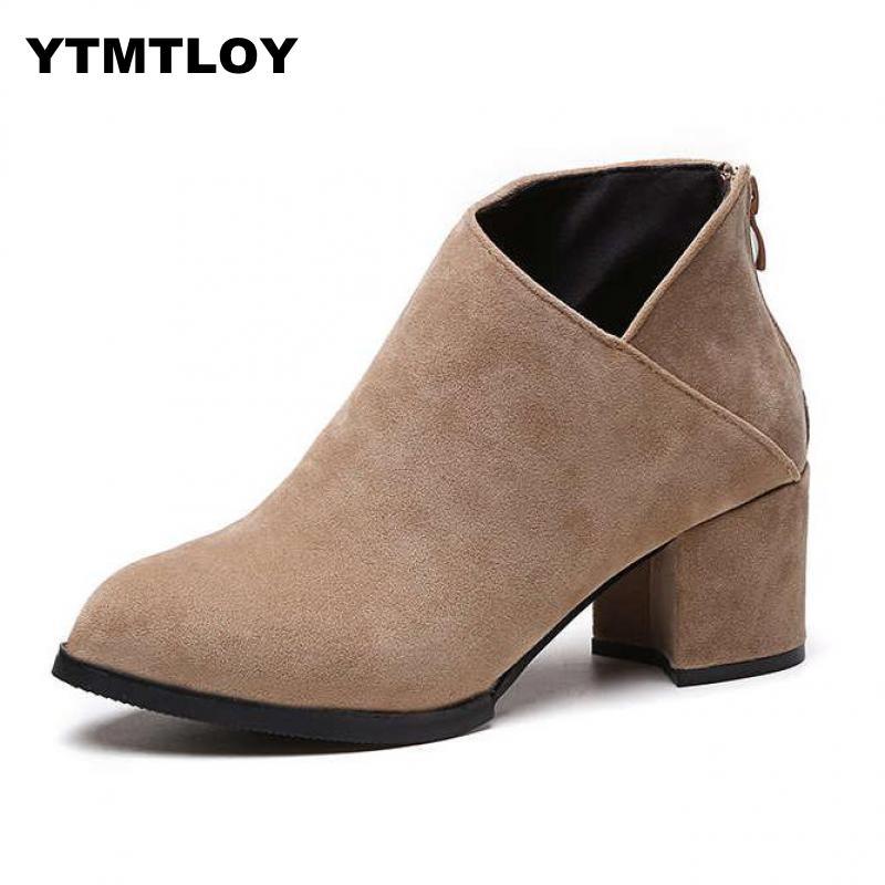 Vinterstøvler kvinder sorte ankelstøvler til kvinder tyk hæl slip on damesko støvler bota feminina højhælede sko: Beige / 36