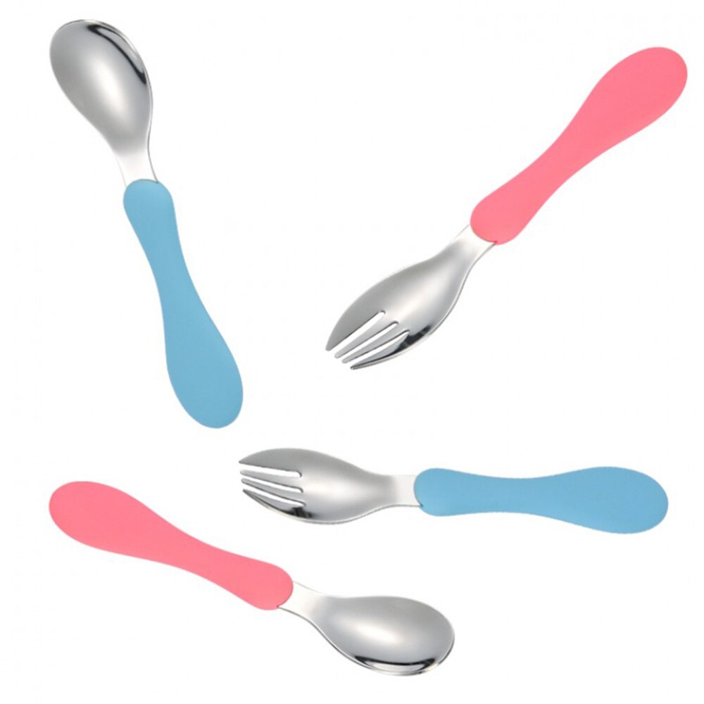 Children Spoon Portable Silicone Handle Stainless Steel Fork Safety Baby Feeding Spoon Eating Training Spork Kids Tableware(