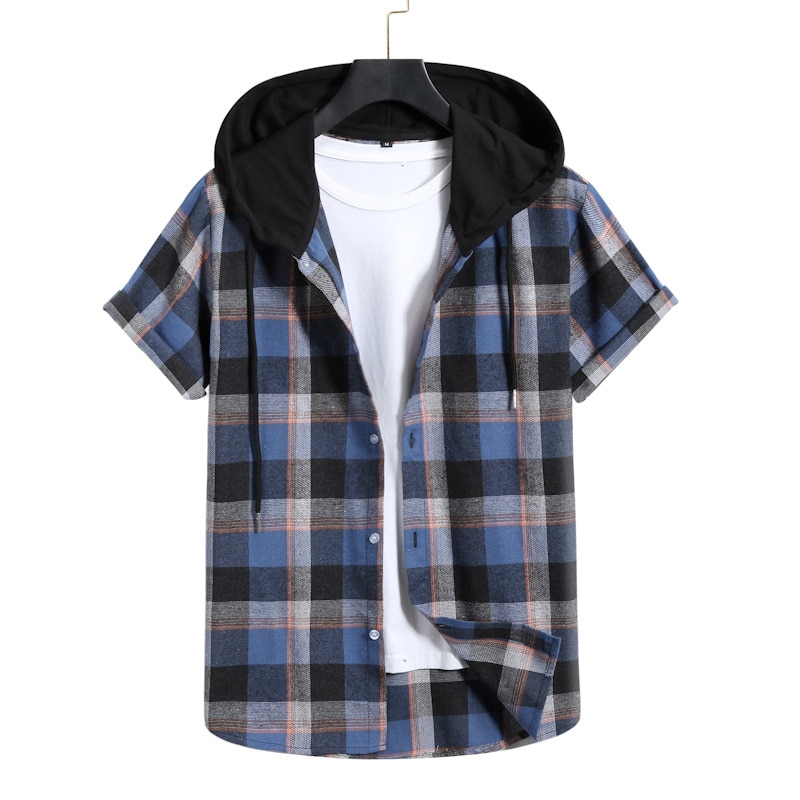 Summer men's short-sleeved shirt youth cardigan casual loose check short-sleeved shirt with cap