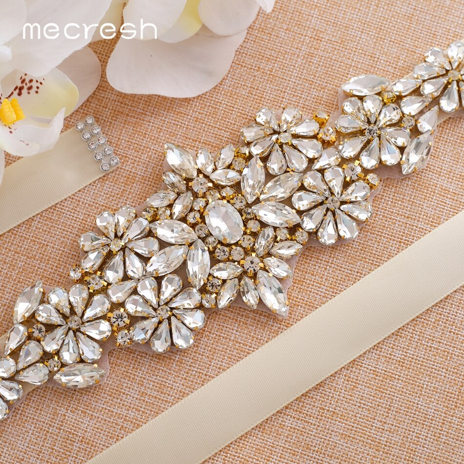Mecresh-Cinturón de boda con diamantes de imitación para mujer, Color dorado, cinta con flores, hecho a mano, para novia, MYD034