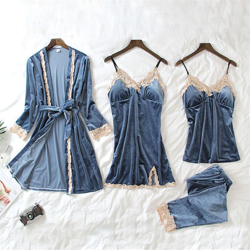 July's Lied 4 Stuks Fluwelen Warme Pyjama Set Vrouwen Sexy Kant Nachtkleding Pyjama Pak Winter Sling Nachthemd Vrouw Nachtkleding: 04 / XL