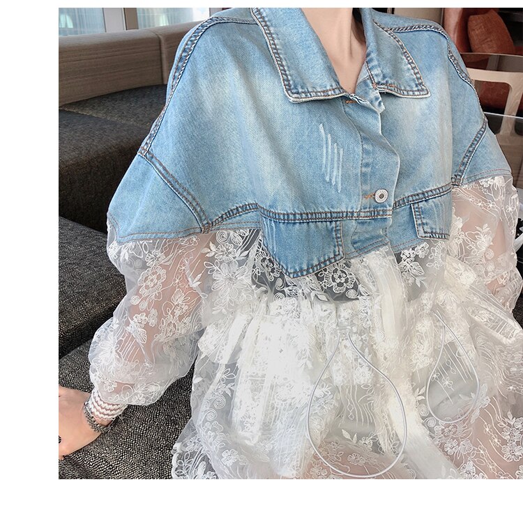 Chaqueta vaquera de manga larga para mujer, abrigo holgado con costuras de encaje, perspectiva, para verano