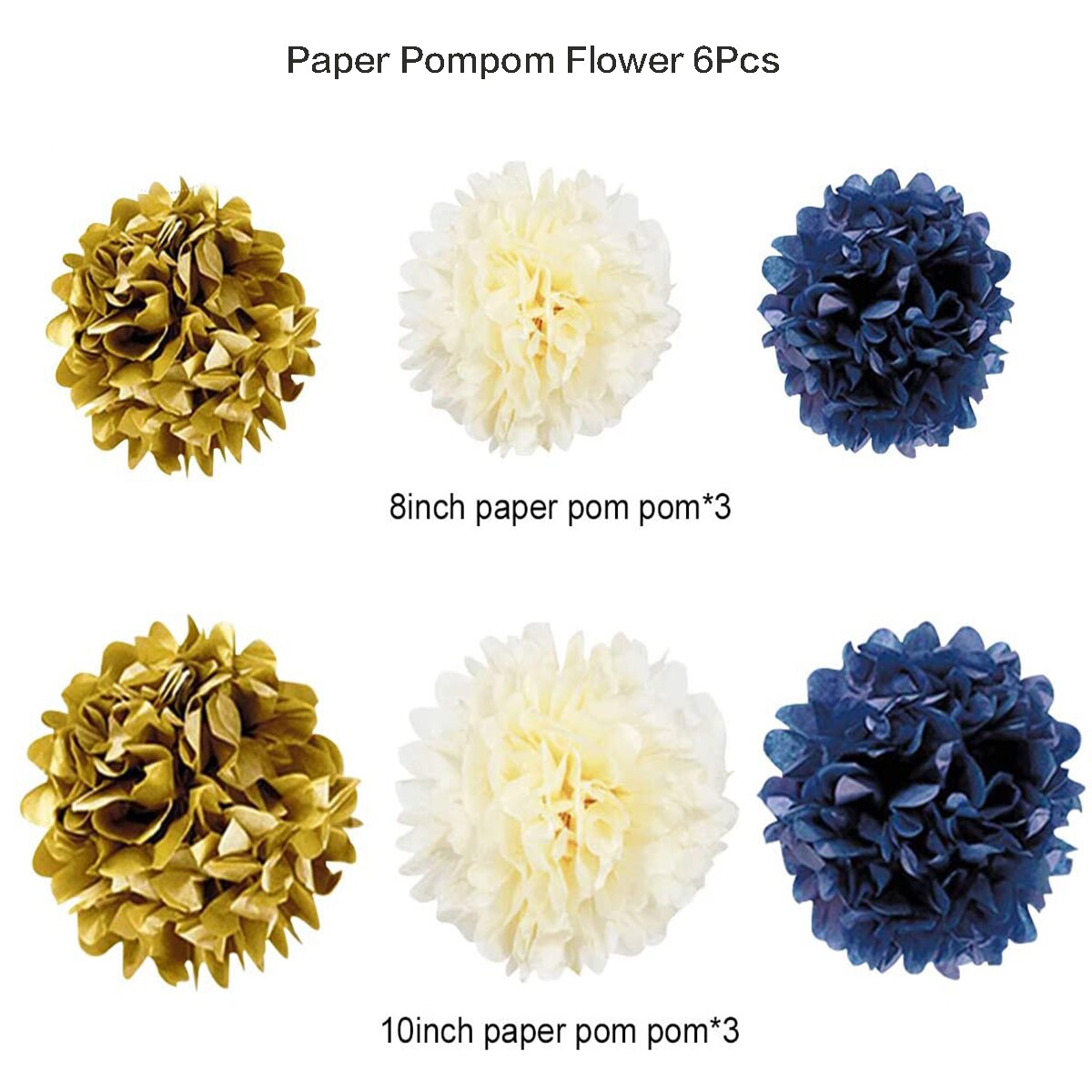 12 PCS Navy Blue Ivory Gold Tissue Paper Pom Poms Flower for Bridal Shower Wedding Boy Birthday Bachelorette Nursery Decorations: Blue Ivory Gold 6Pcs