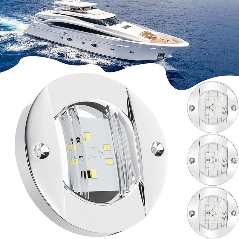 Luces interiores para barcos marinos de 4 piezas, luz de cortesía para cubierta de barco LED de 12V, 3 pulgadas, redonda, blanca, 6 LED, luz de anclaje de popa