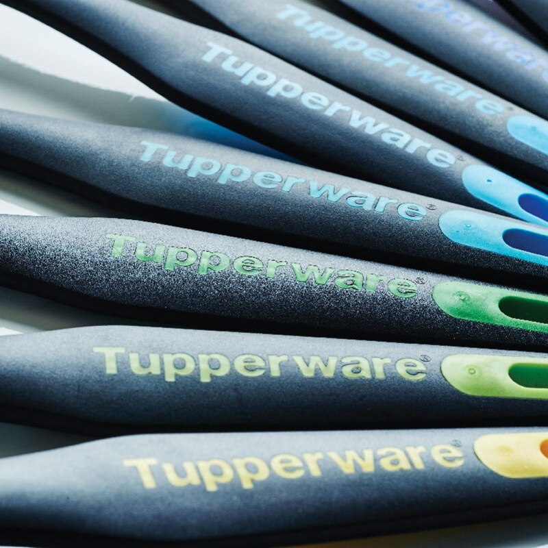 Tupperware-cuchara multiusos para cocinar, cuchara de mezcla negra y azul, cuchara de cocina superior, cuchara de cocina lista para retención