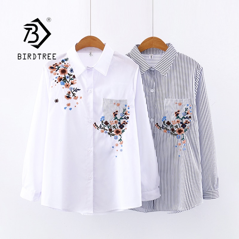 Kvinner blomsterbroderi lange armer hvit stripete skjorte knapp opp bluse skru ned krage topper feminina blusas  t9 d 627t