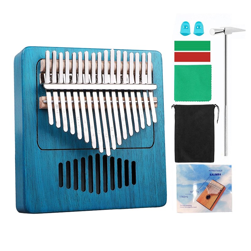 Portátil Piano 17 teclas Piano de pulgar Kalimba de placa única de de madera de caoba cuerpo instrumento Musical: blue-Accessories