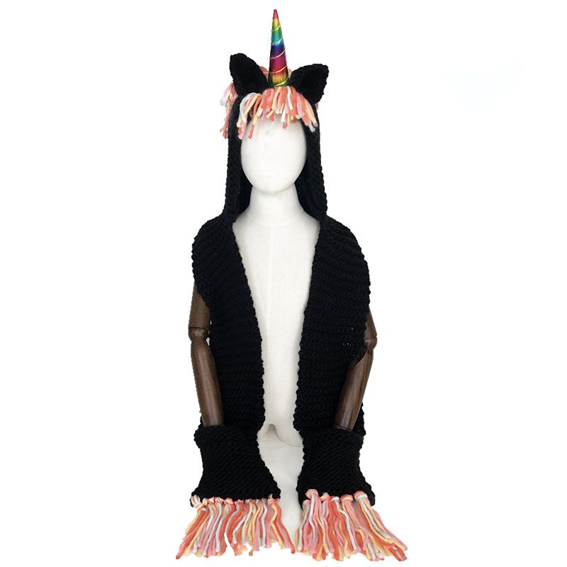 Kids Girls Rainbow Unicorn Soft Skullies Beanies Hats Shawl Scarf Set With Two Pockets Warm Knitted Bonnet Cap Christmas: C mix horn / M