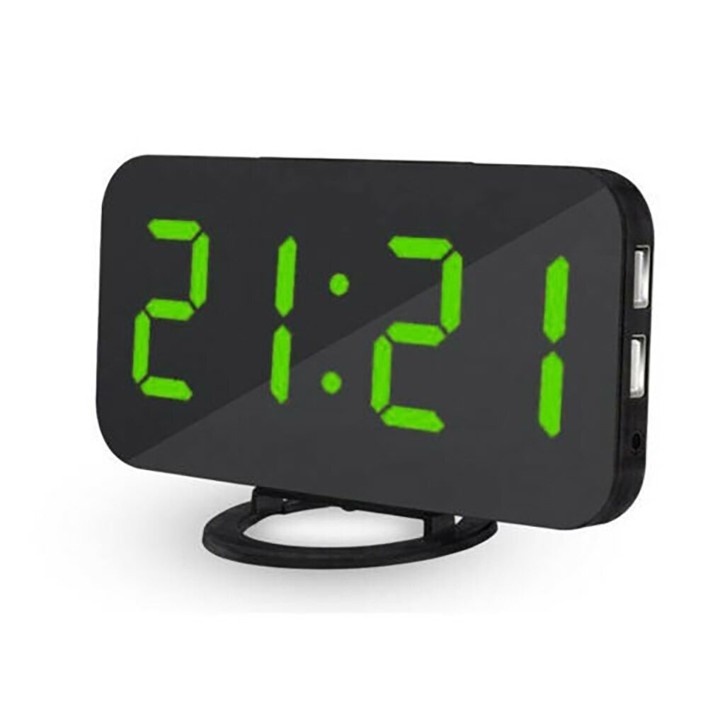 Digital Alarm Clock LED Mirror Clock Multifunction Snooze Display Time Night LCD Light Table Desktop USB Cable: green