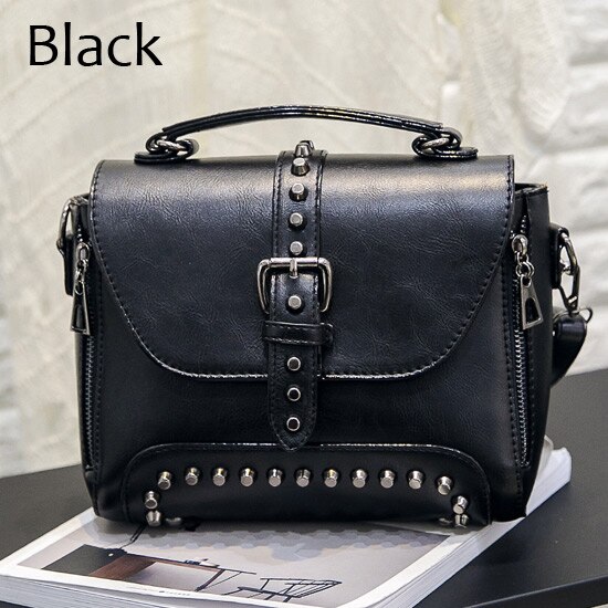 ZMQN Umhängetaschen Für Frauen Schulter Taschen Weibliche Vintage Leder Taschen Frauen Handtaschen Berühmte Niet Kleine Damen A522: Black