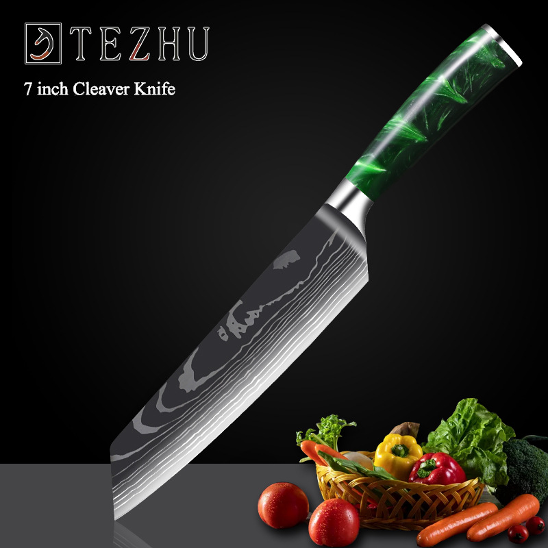 Professionele Keuken Messen Set Japanse High Carbon Staal Chef Messen Imitatie Damascus Patroon Slicer Santokumes Set: cutting knife